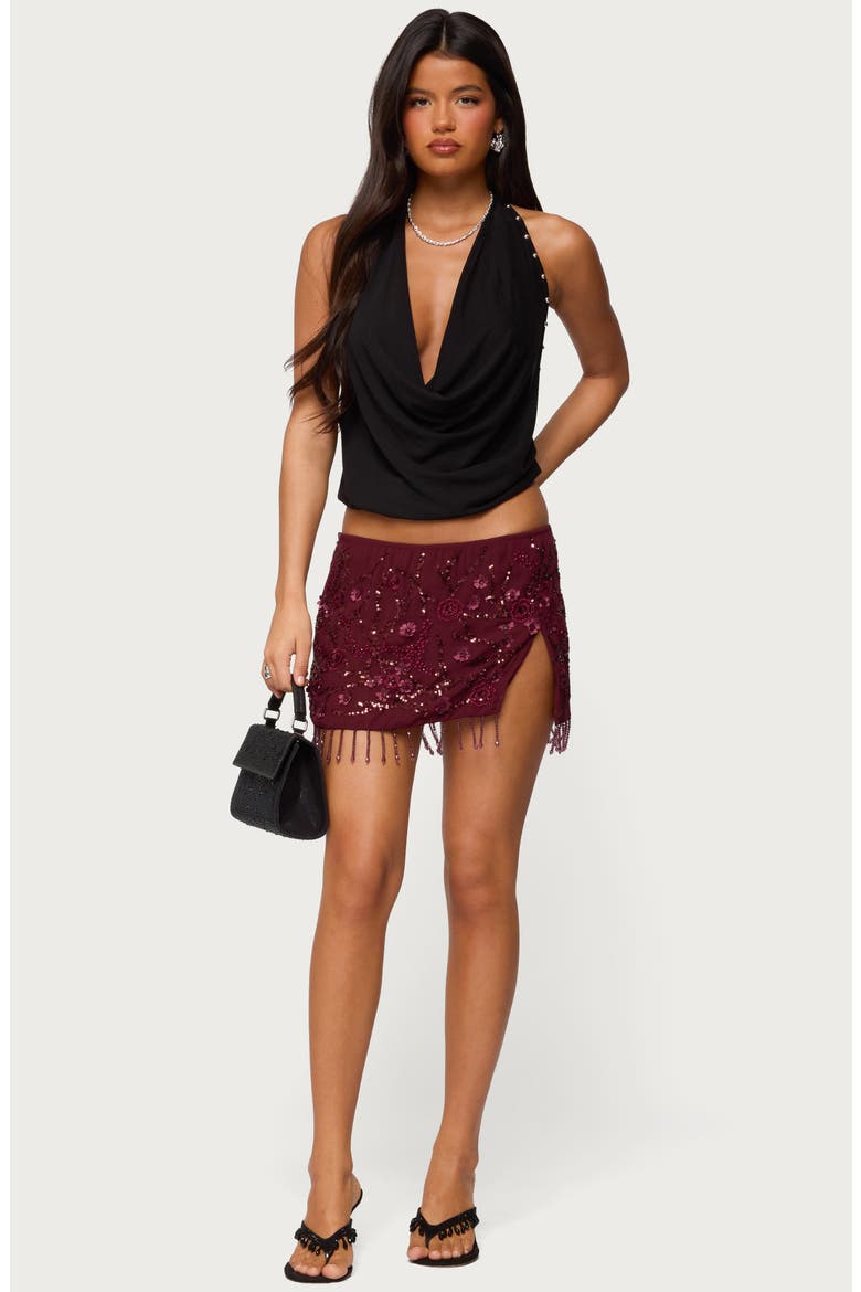 Sequin Bead Fringe Miniskirt, Alternate, color, BURGUNDY