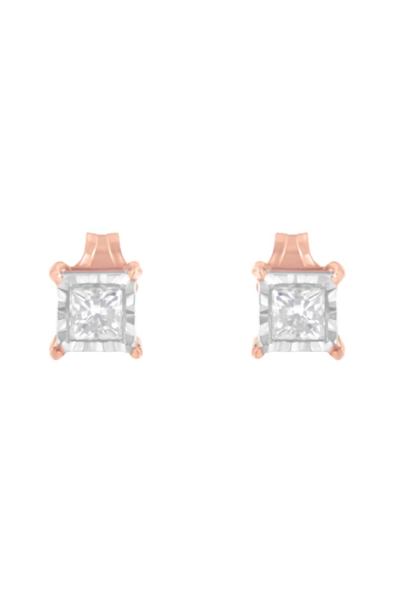 14K Rose Gold Plated Silver 1/2 Ct Princess Diamond Solitaire Stud Earrings, Alternate, color, White