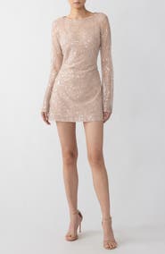 SAU LEE Odessa Beaded Floral Long Sleeve Cocktail Minidress