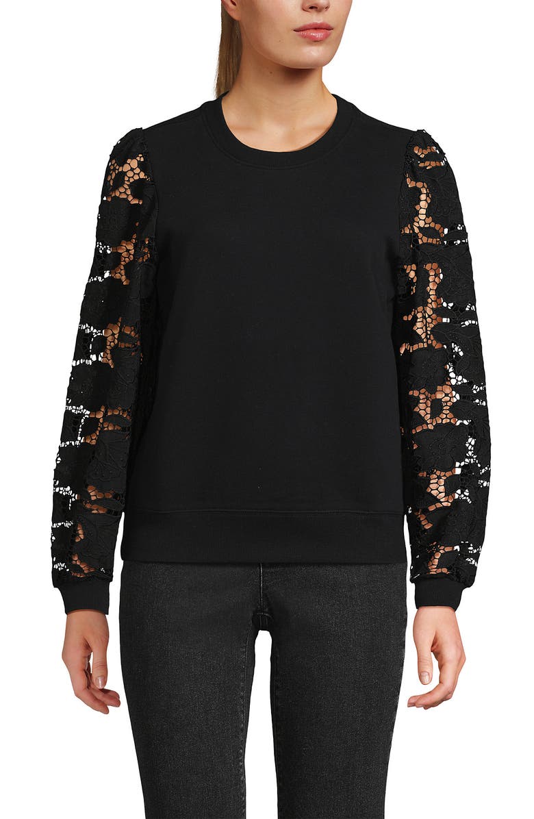 Lands' End Serious Sweats Lace Sleeve Sweatshirt, Main, color, Black