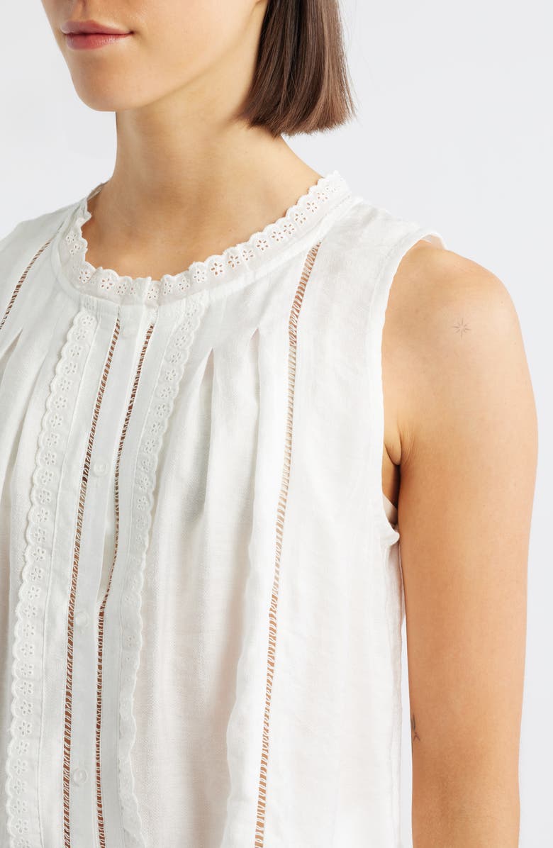 Bobeau Pleated Lace Sleeveless Top, Alternate, color, White