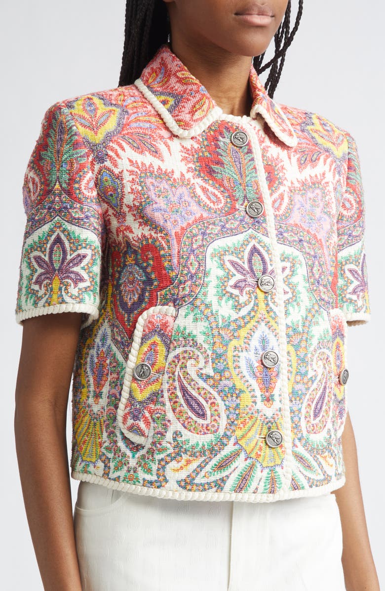 Etro Paisley Short Sleeve Crop Jacket, Alternate, color, Print On White Base