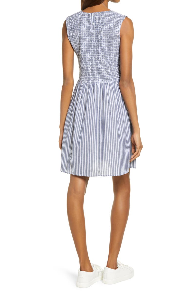 French Connection Rhodes Stripe Smocked Bodice Cotton Poplin Dress, Alternate, color, 