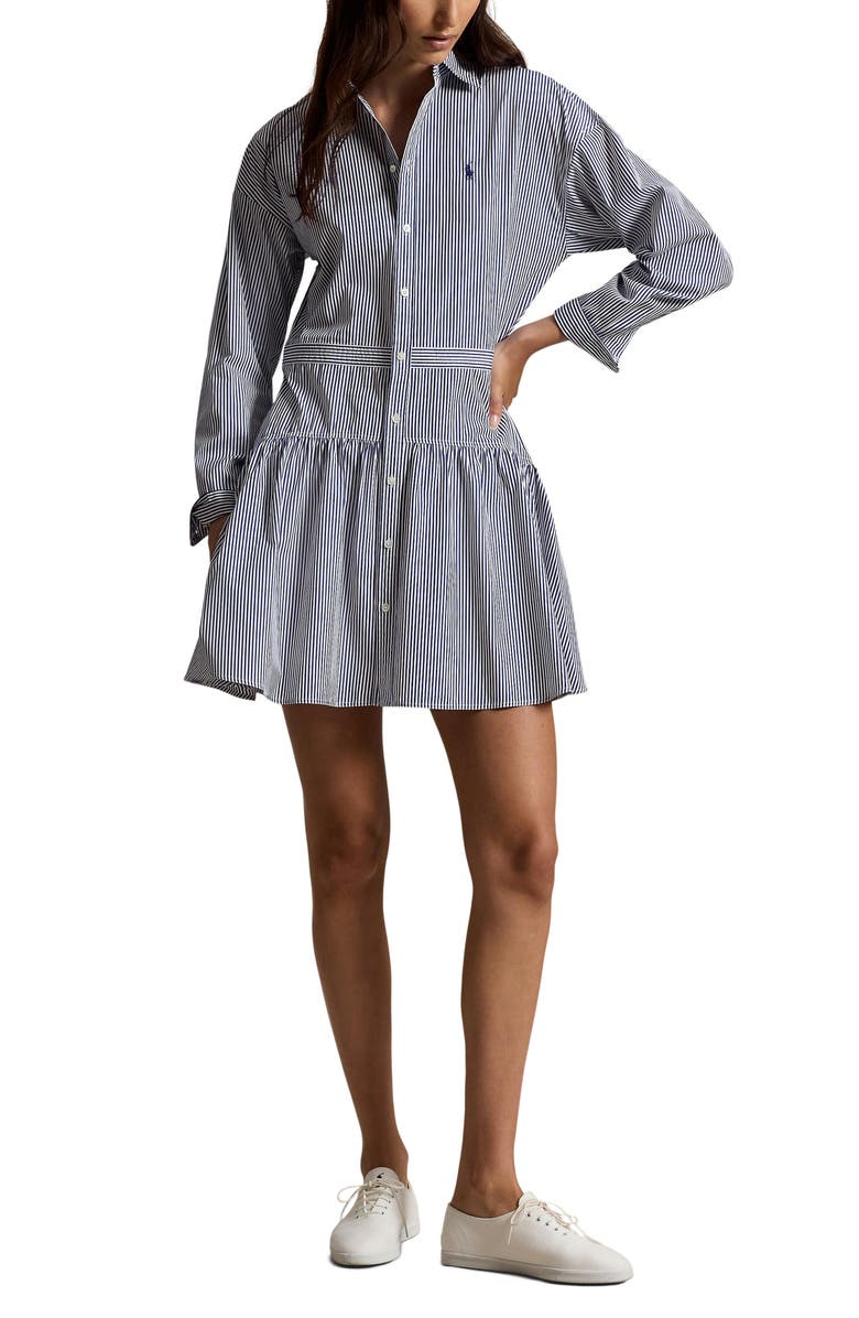 Polo Ralph Lauren Long Sleeve Stripe Poplin Mini Shirtdress, Main, color, White/ Fall Royal