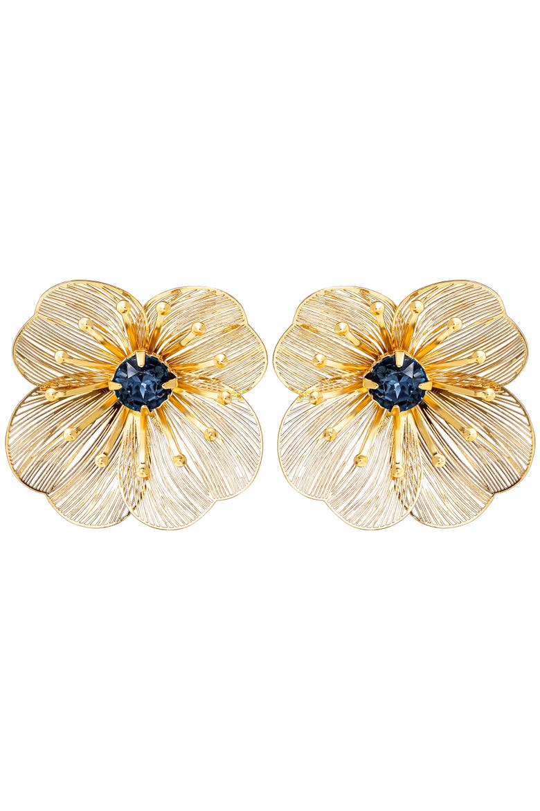 Gold-Tone Filigree Flower Stud Earrings with Blue Crystal Center, Alternate, color, Gold