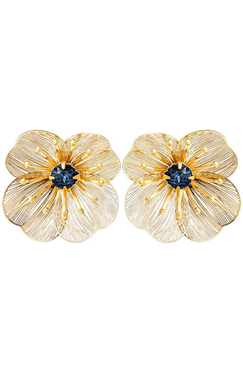 Jessica Simpson Gold-Tone Filigree Flower Stud Earrings with Blue Crystal Center, Alternate, color, Gold