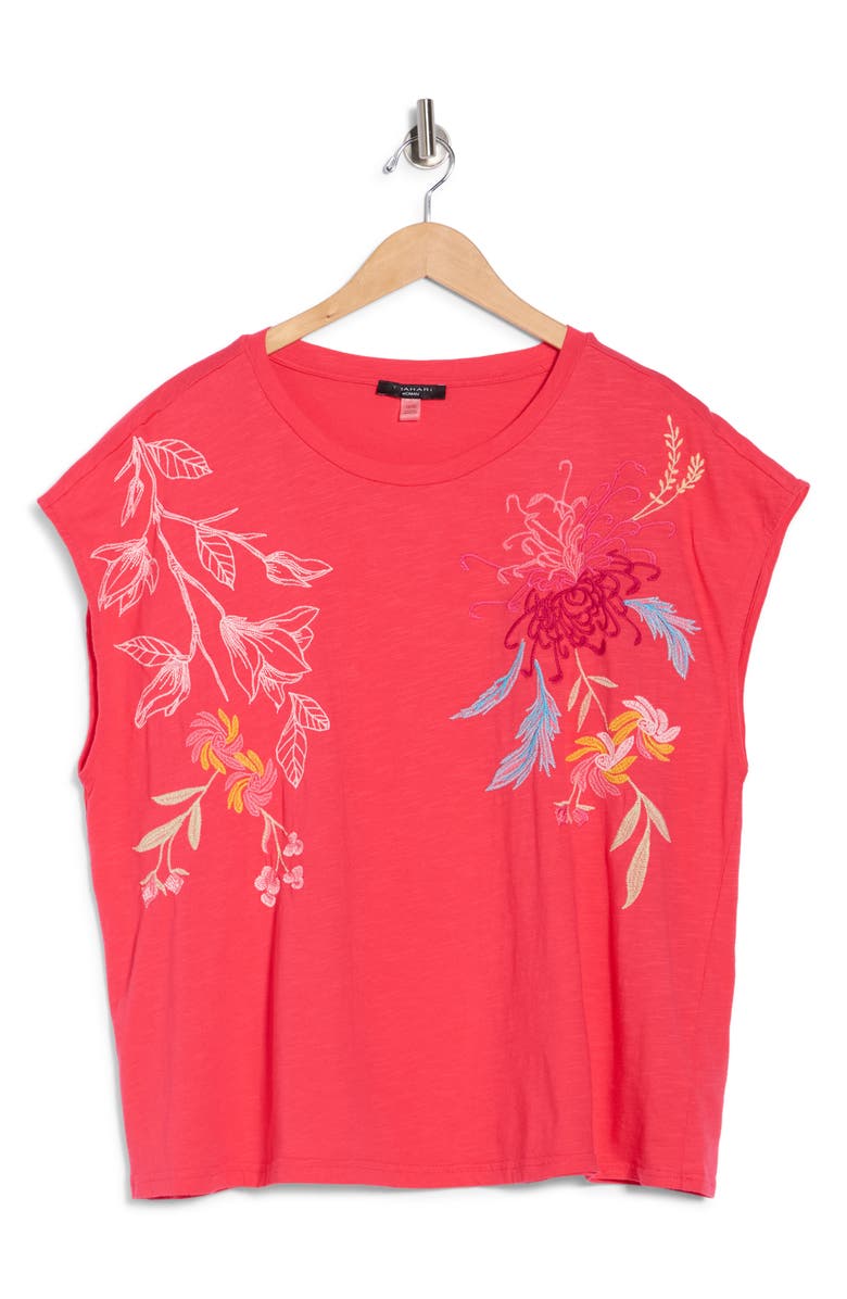 T Tahari Floral Embroidered Cotton Tank, Main, color, Fuschia
