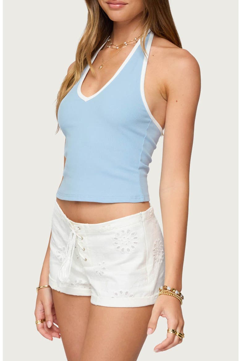 Contrast Binding Halter Crop Rib Top, Alternate, color, LIGHT-BLUE