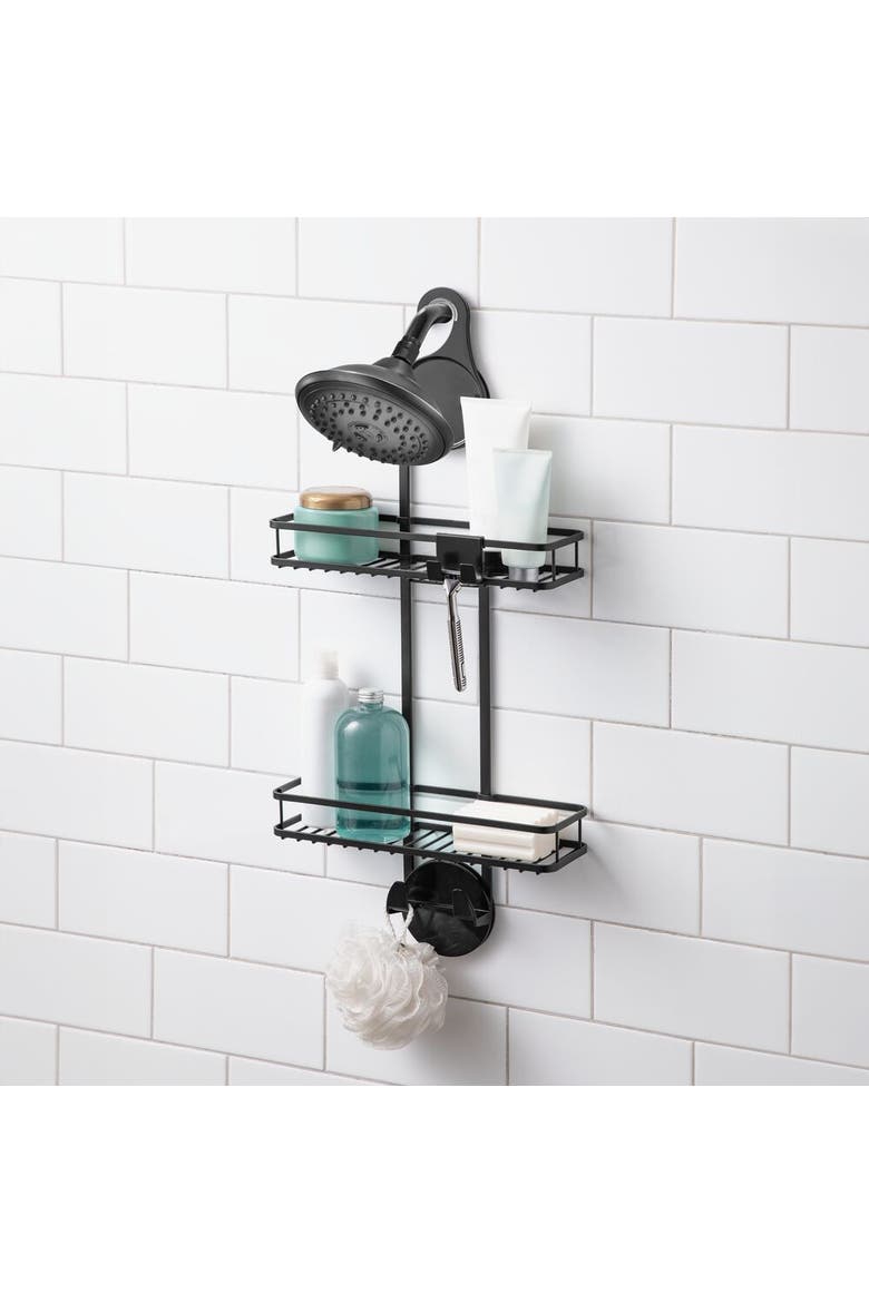 Hanging Shower Caddy with Accessory Hooks - Matte Black, Alternate, color, Matte Black