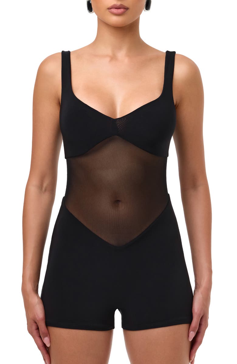 Naked Wardrobe Hourglass Mesh Tank Romper, Alternate, color, Black