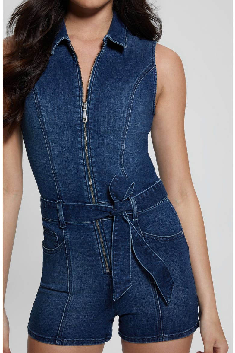 Kimora Tie Belt Denim Romper, Alternate, color, DREAMING