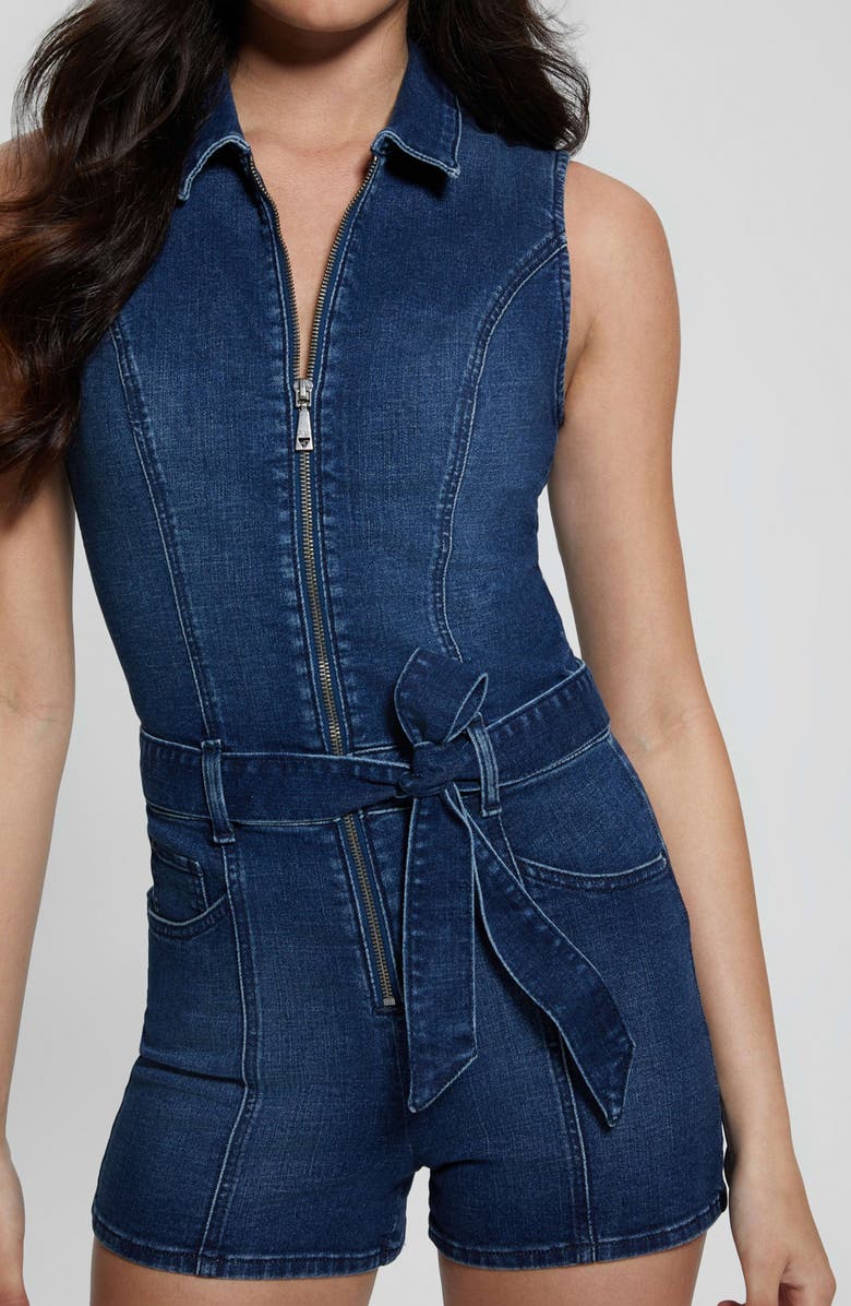 GUESS Kimora Tie Belt Denim Romper, Alternate, color, 