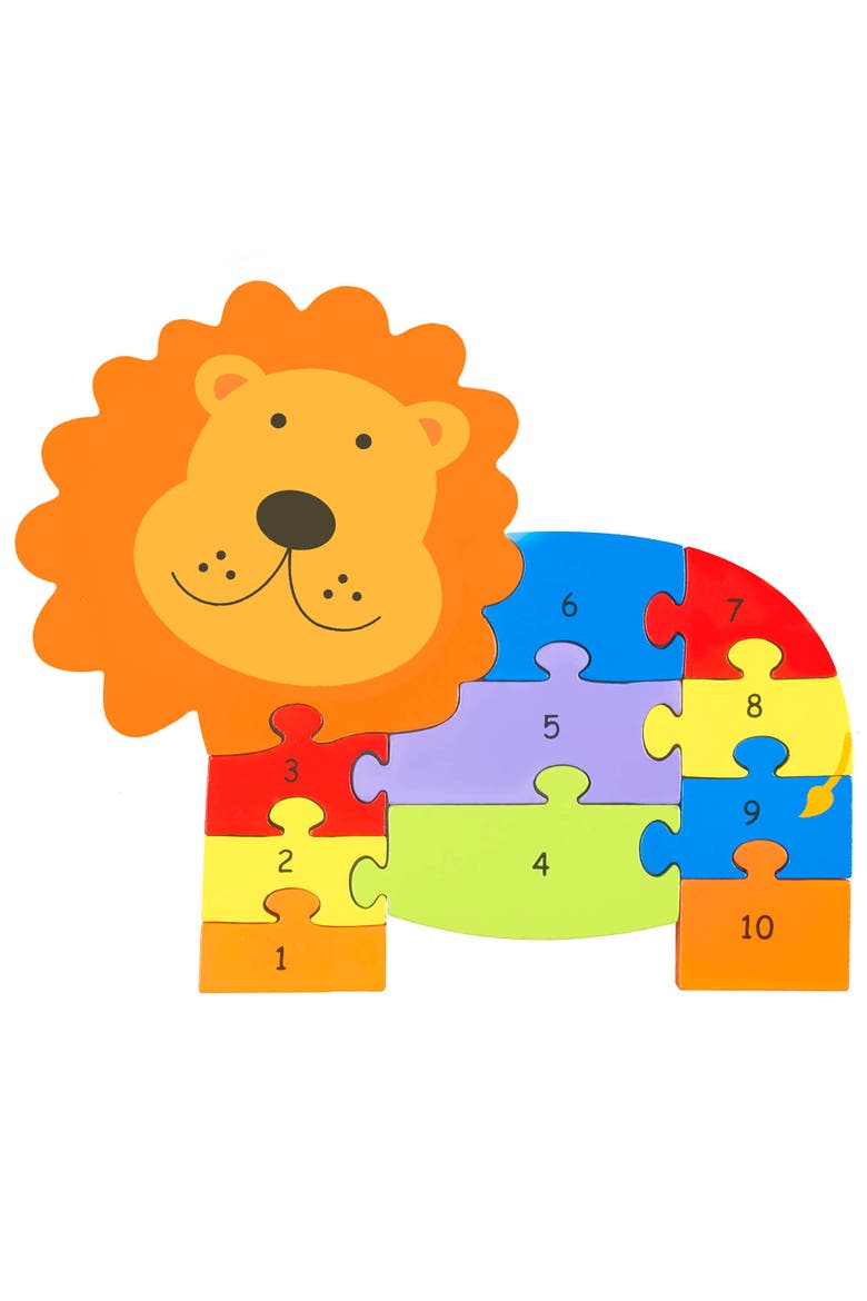 Lion Number Puzzle, 11 Piece Wooden Animal Shaped Puzzle, Main, color, Multicolored