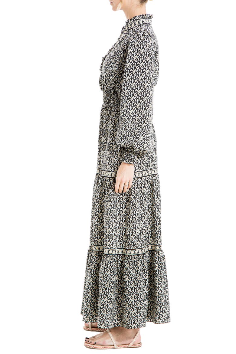Printed Tiered Smocked Waist Maxi Dress, Alternate, color, BLACK/ SKY DAINTY BUDS