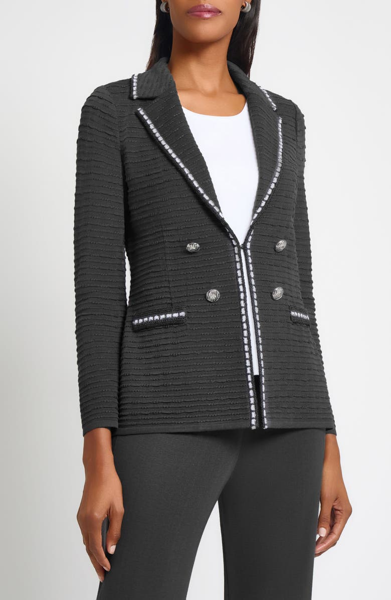 Ming Wang Contrast Trim Textured Knit Blazer, Main, color, Granite/ Black/ Ivory