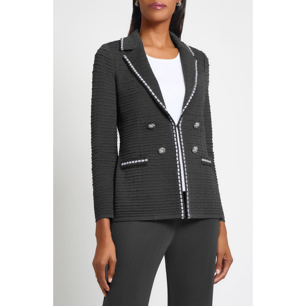 Ming Wang Contrast Trim Textured Knit Blazer In Black