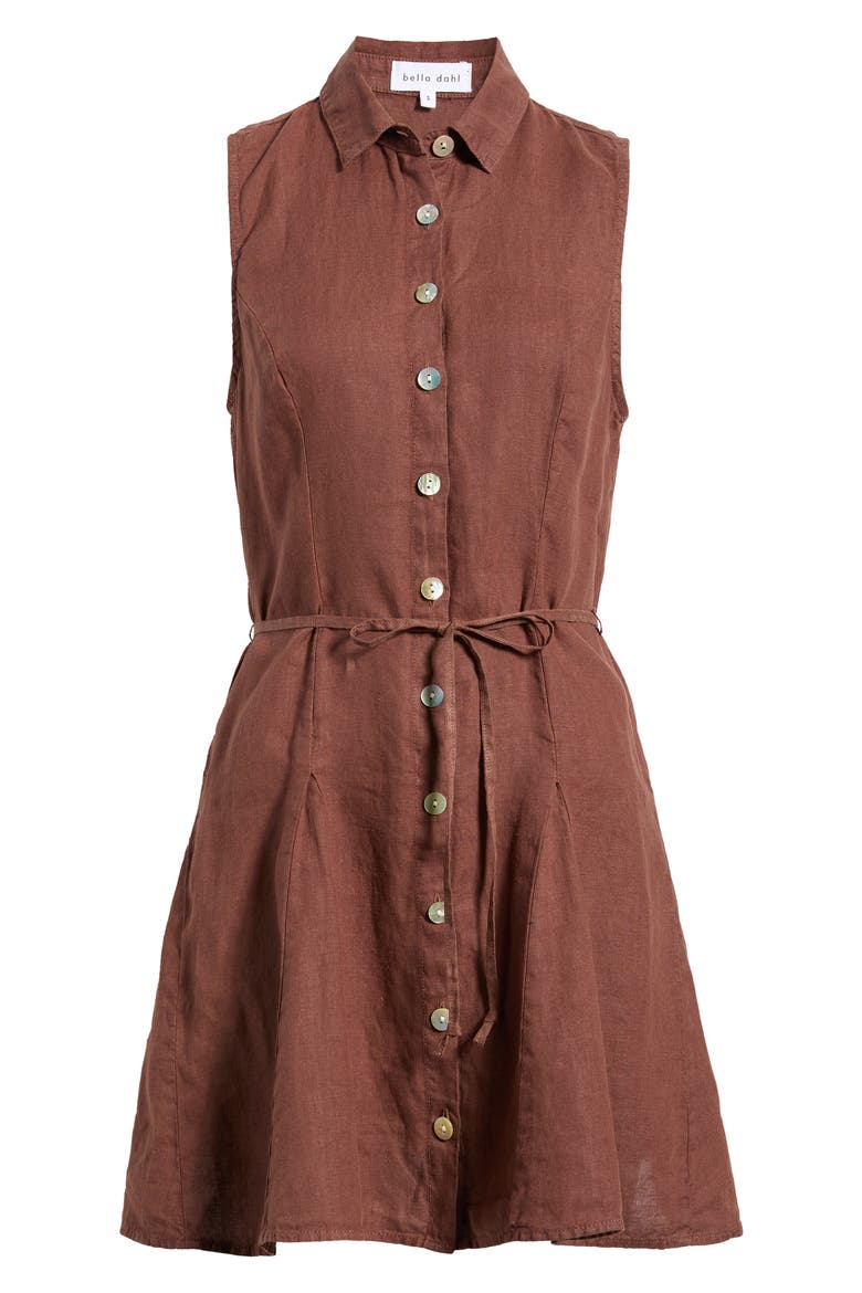 Sleeveless Tie Waist Linen Minidress, Main, color, SEA GLASS BROWN