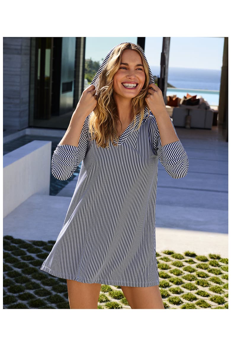 Cotton Jersey Long Sleeve Hooded Swim Cover-up Dress, Alternate, color, Deep Sea Navy Mini Stripe