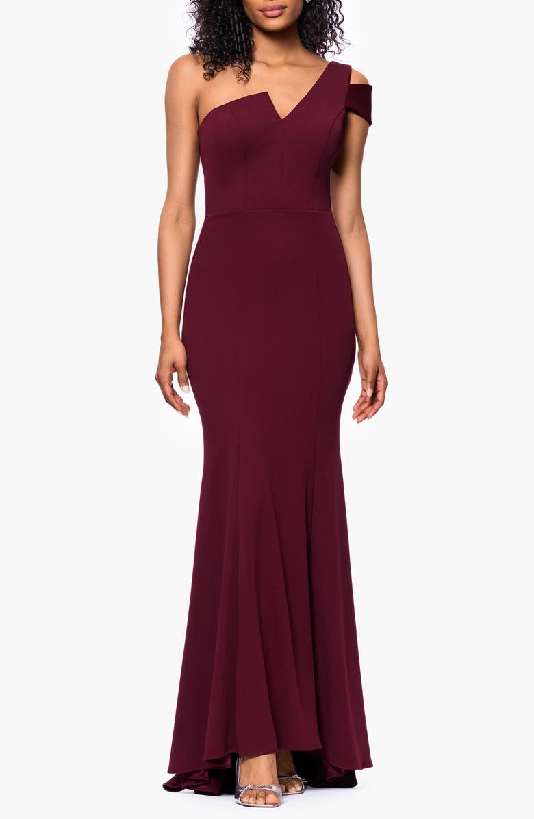 Betsy & Adam One-Shoulder Scuba Crepe Gown, Main, color, Burgundy