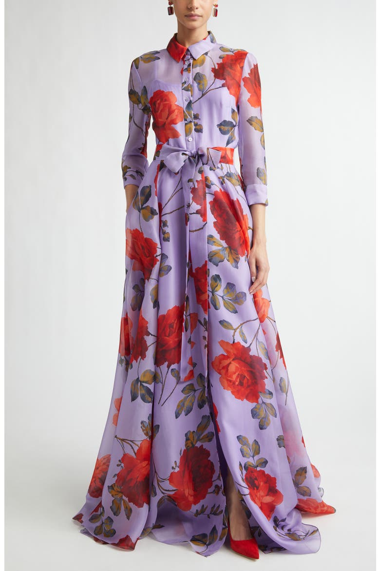 Rose Print Silk Organza Trench Gown, Main, color, VIOLETA MULTI