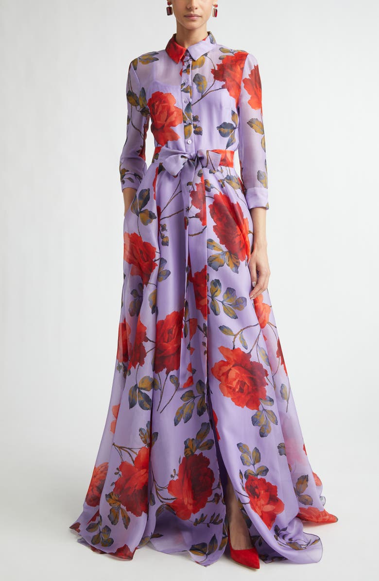 Carolina Herrera Rose Print Silk Organza Trench Gown, Main, color, 