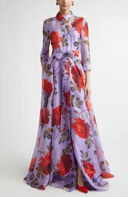 Carolina Herrera Rose Print Silk Organza Trench Gown