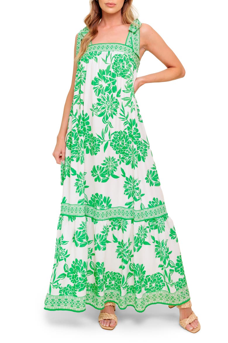 Floral Tie Shoulder Maxi Dress, Main, color, IVORY GREEN