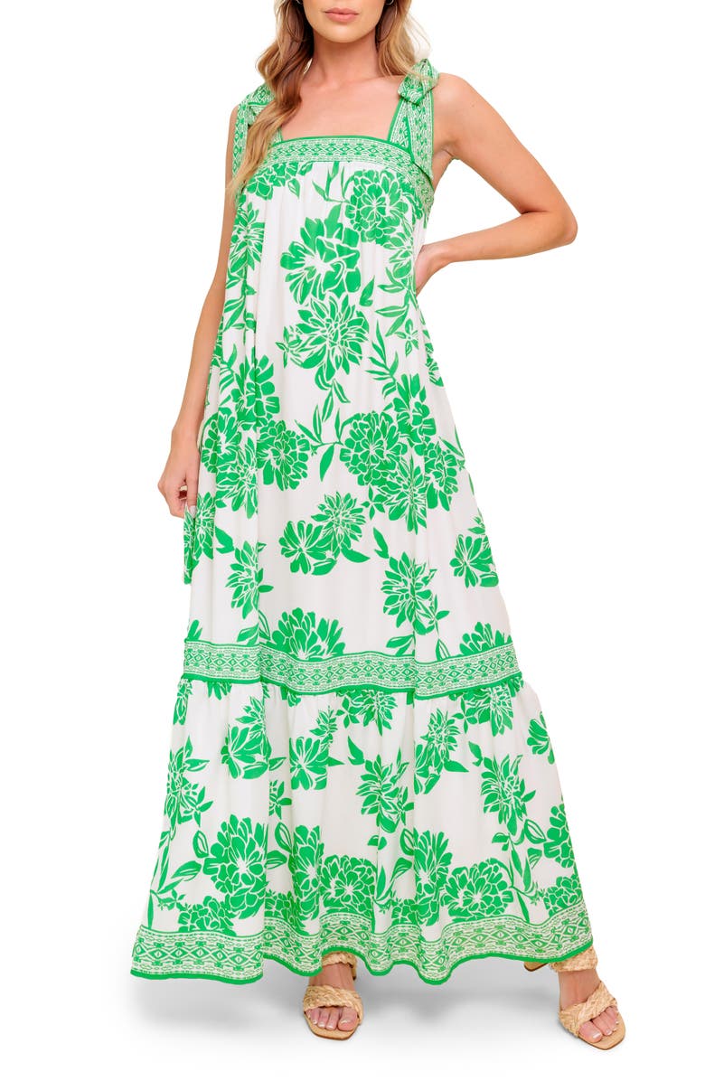 FLYING TOMATO Floral Tie Shoulder Maxi Dress, Main, color, Ivory Green