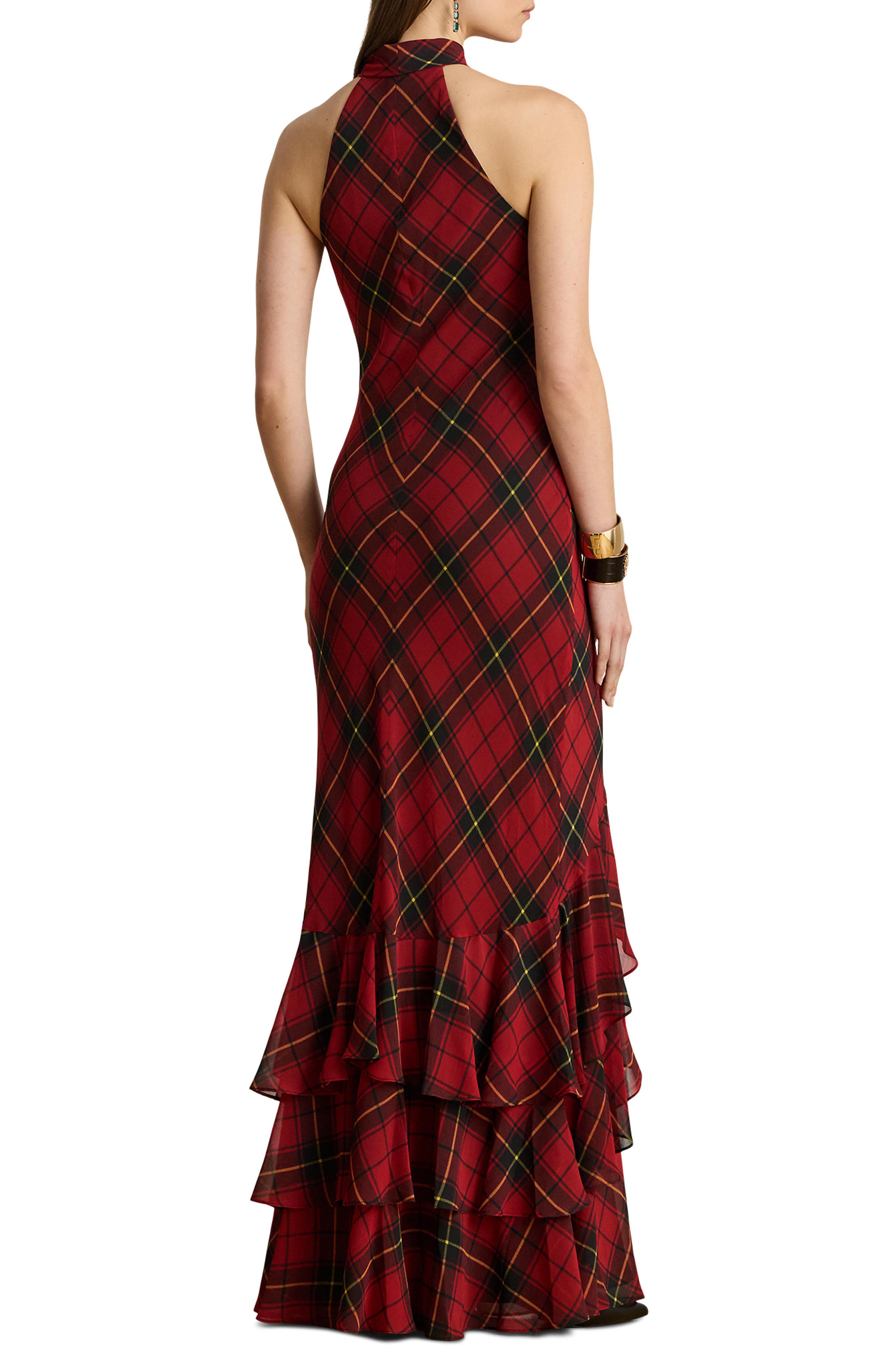 plaid formal dresses Arvada Plaid Sunfire Smocked Bodice Tiered Midi Dress RED-MULTI / M by Sugarlips