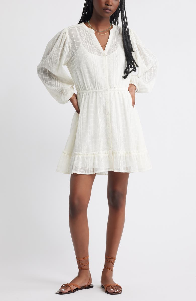 Treasure & Bond Embroidered Sheer Long Sleeve Minidress, Main, color, Ivory Egret