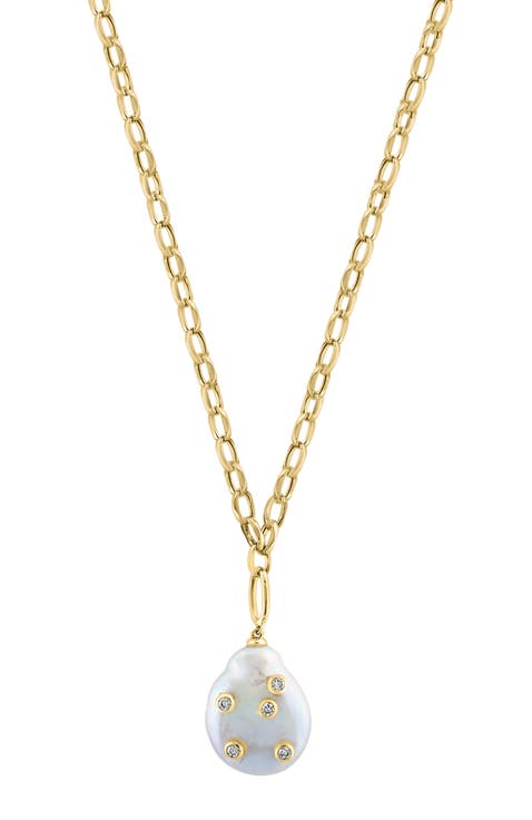 14K Yellow Gold Diamond & Baroque Freshwater Pearl Drop Pendant Necklace