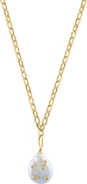 EFFY 14K Yellow Gold Diamond & Baroque Freshwater Pearl Drop Pendant Necklace