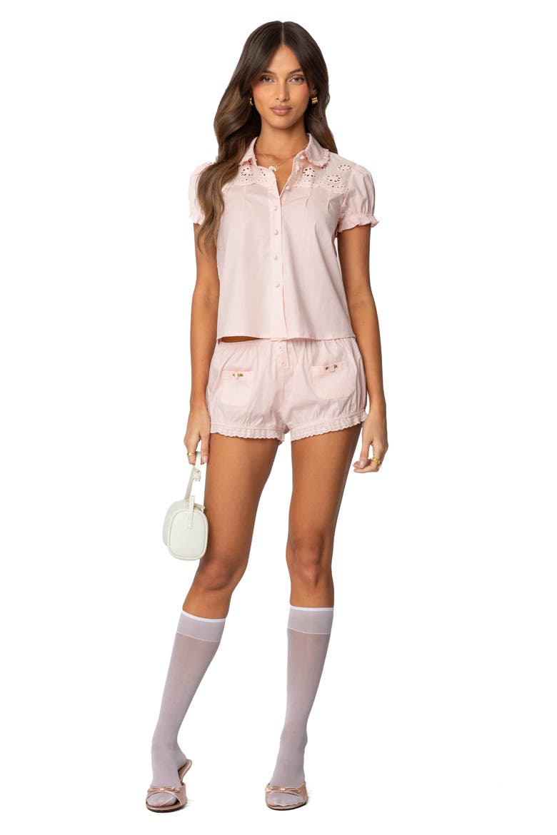 Lona Eyelet Embroidered Puff Sleeve Button-Up Shirt, Alternate, color, LIGHT-PINK