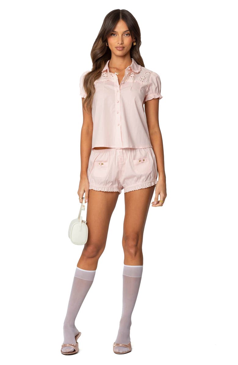 EDIKTED Lona Eyelet Embroidered Puff Sleeve Button-Up Shirt, Alternate, color, Light-Pink