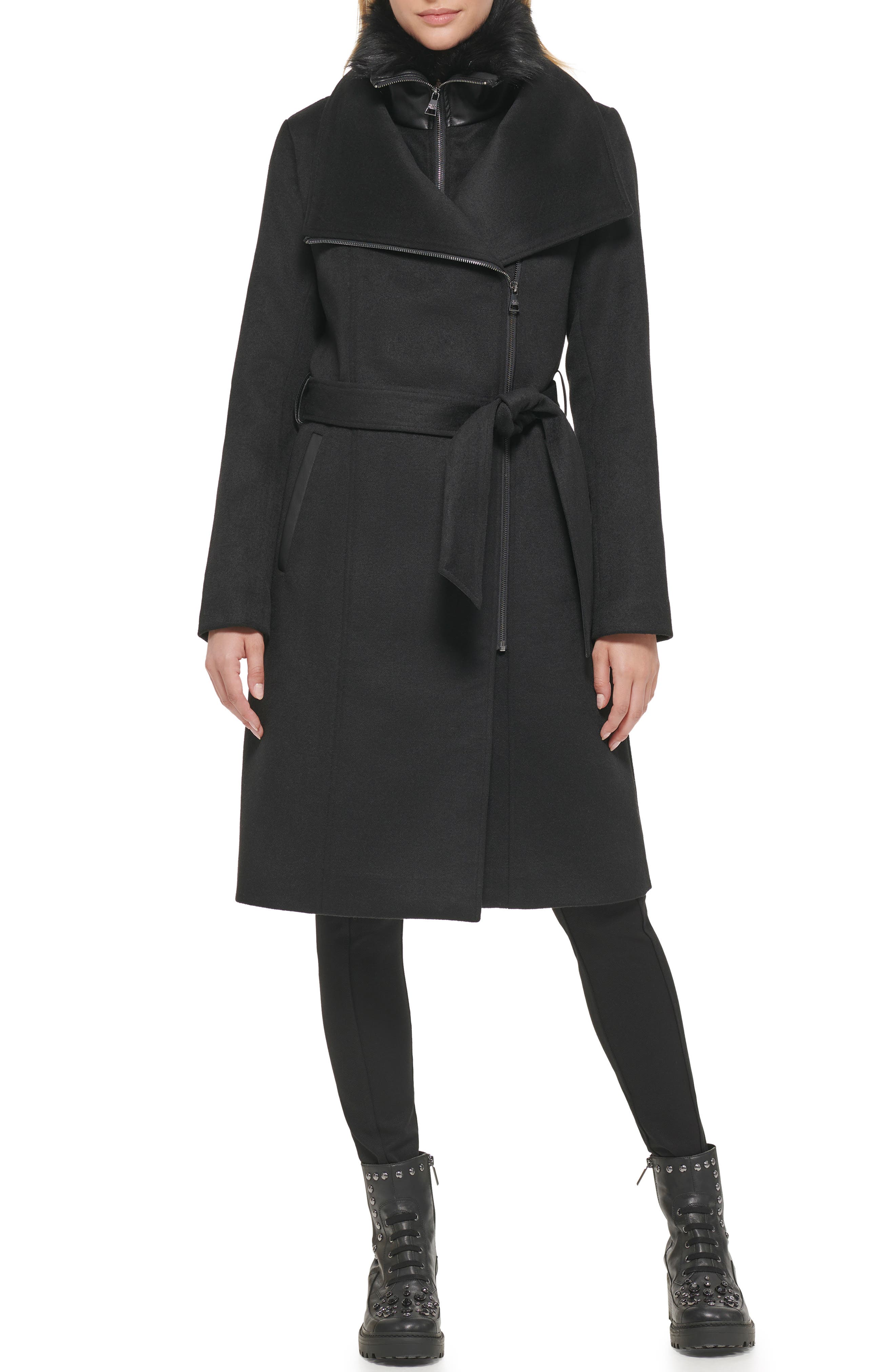 KARL LAGERFELD Asymmetric Wool Blend Coat with Removable Faux Shearling Bib