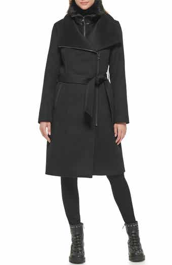 KARL LAGERFELD Asymmetric Wool Blend Coat with Removable Faux Shearling Bib