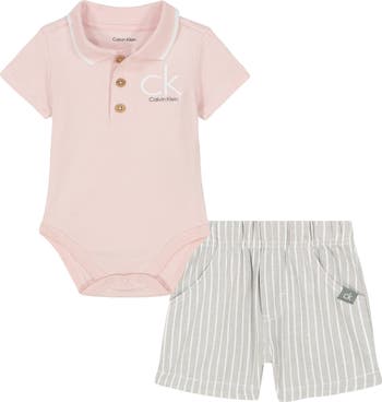 Knit Polo Bodysuit & Stripe Shorts Set