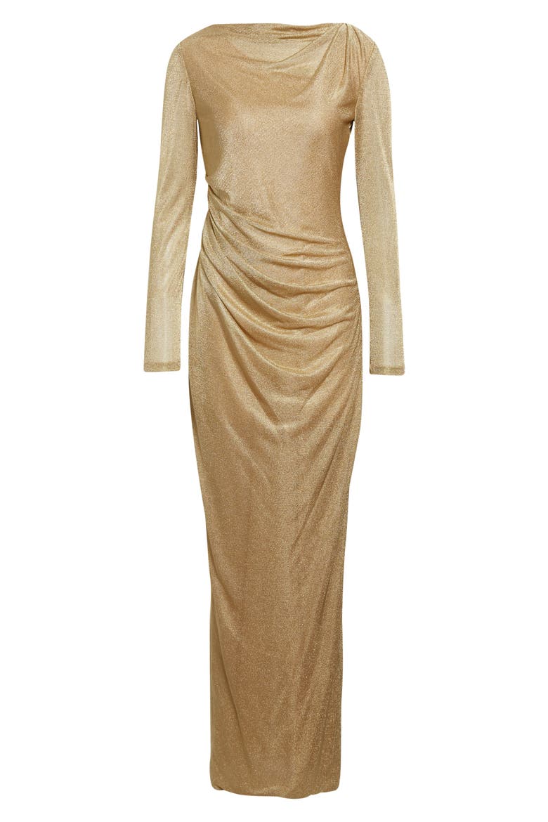 Draped Long Sleeve Metallic Jersey Gown, Alternate, color, GOLD