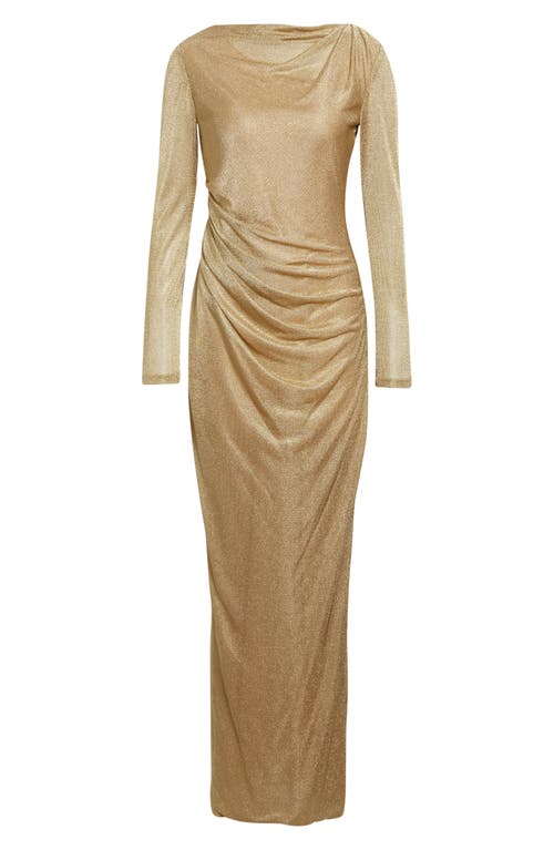 Oscar De La Renta Draped Long Sleeve Metallic Jersey Gown In Neutral