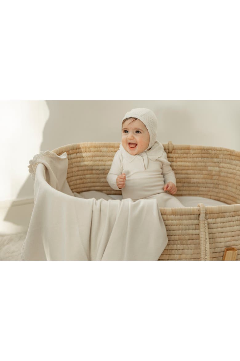 Boy Knit Crochet Blanket with Crochet Hem Trim, Alternate, color, Light Beige
