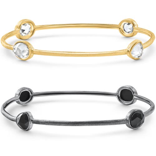 Bliss Diamond 18k Gold Plated Silver Set Of Two Onyx/topaz Bangle Bracelet 2mm In Gold
