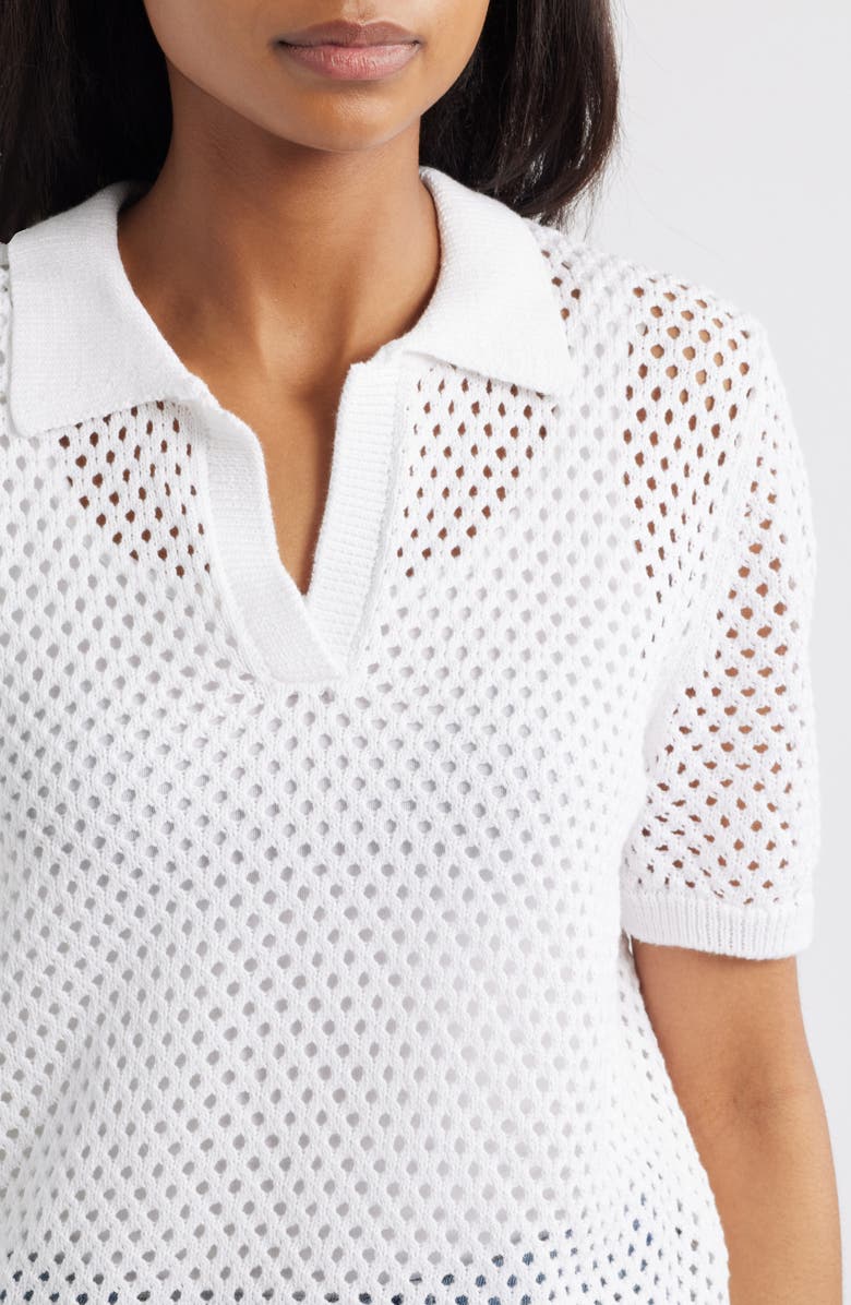 beachlunchlounge Tae Short Sleeve Open Knit Polo Sweater, Alternate, color, White