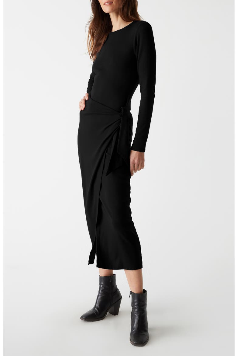 Yessenia Wrap Front Long Sleeve Midi Dress, Alternate, color, BLACK