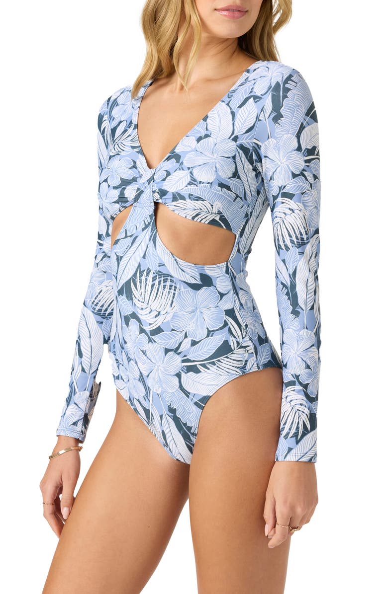 O'Neill Palmetto Tropical Key West Cutout Long Sleeve One-Piece Swimsuit, Alternate, color, 