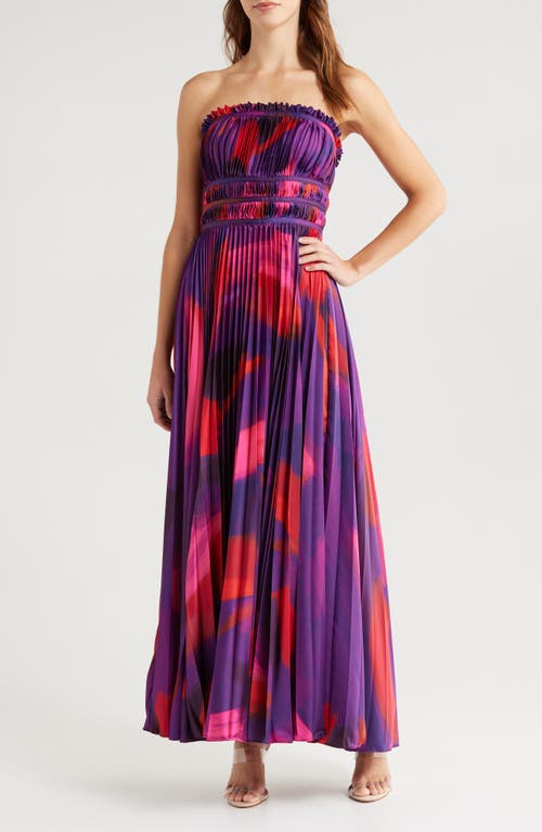 Hutch Sabina Floral Tiered Plissé Gown in Purple Brushstroke 