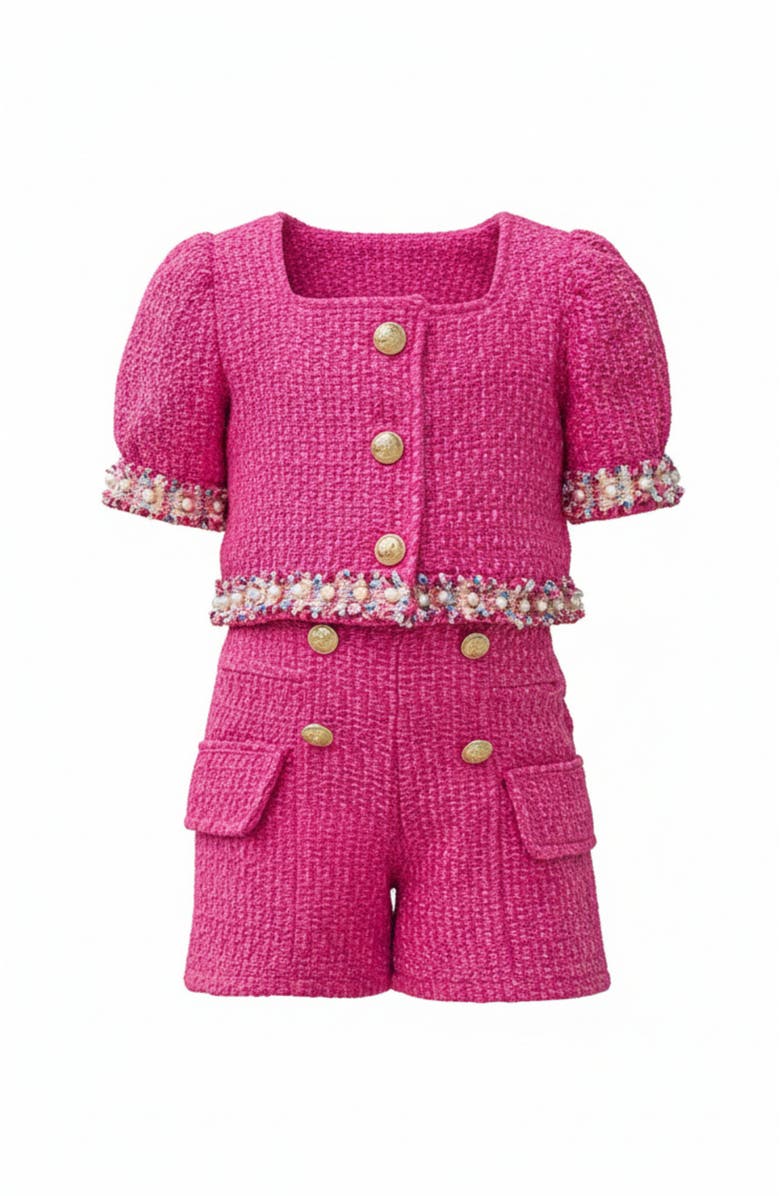 Mia Belle Girls Girls Pint-Sized CEO Puff Sleeve Tweed Top and Short Set, Main, color, Fuchsia