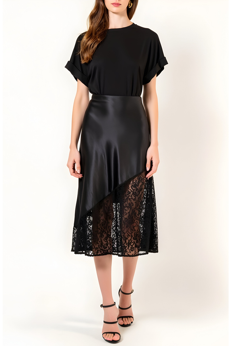 Asymmetrical Satin Midi Skirt with Sheer Lace Hem and Fitted Waist, Alternate, color, Black