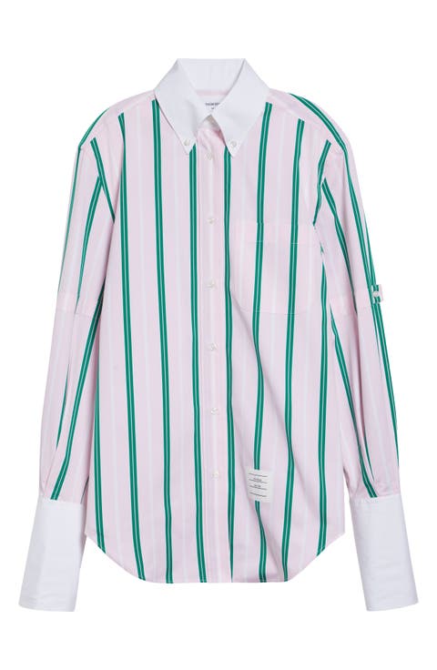 Repp Stripe Oversize Button Armband Cotton Poplin Button-Down Shirt