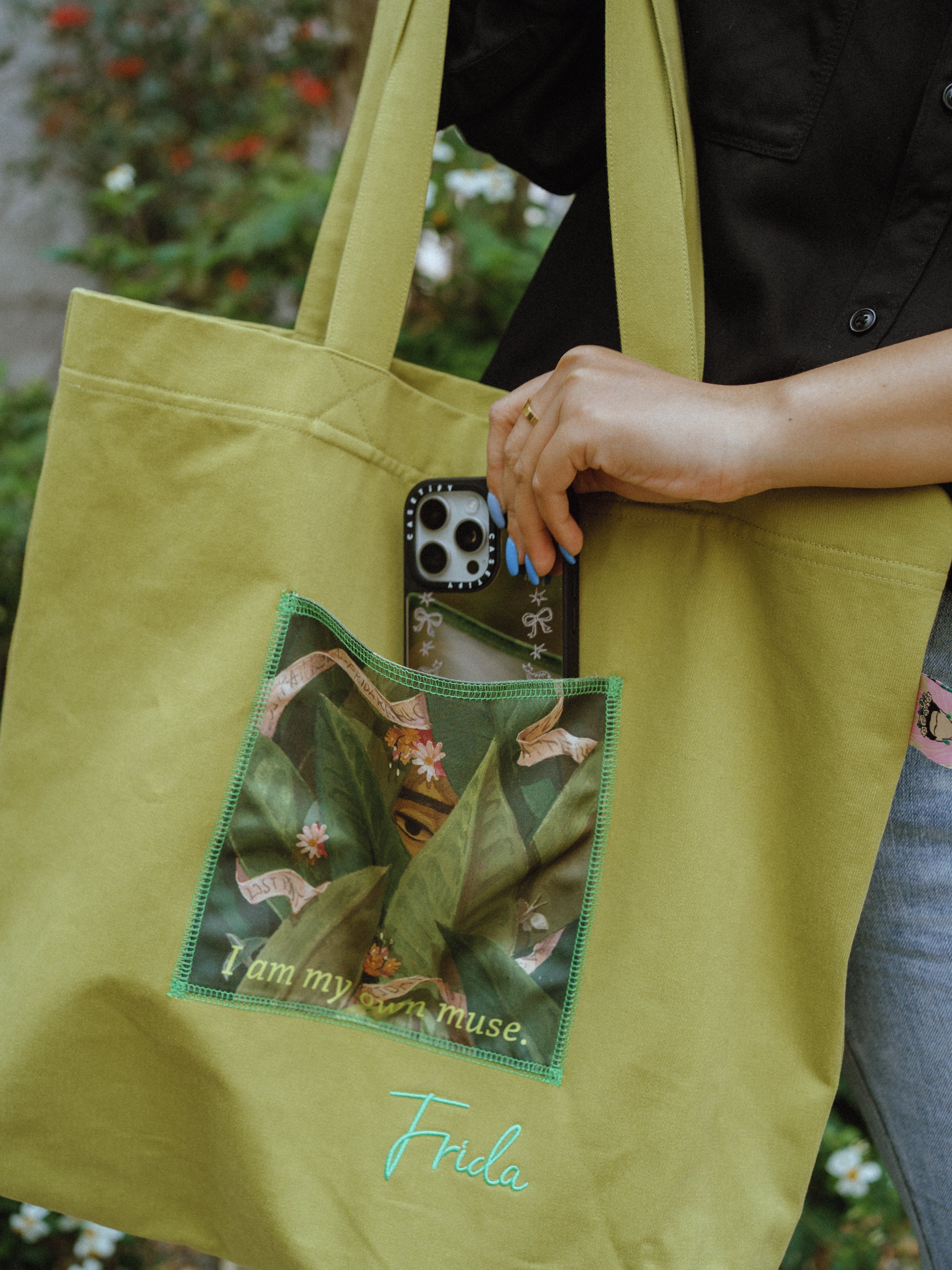 Lost Pattern NYC "I Am My Own Muse by Frida" Cotton Tote Bag, Alternate, color, Avocado Green