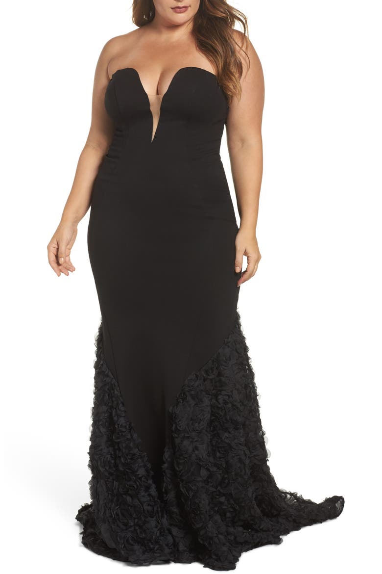 Strapless Bustier Rosette Gown, Main, color, BLACK